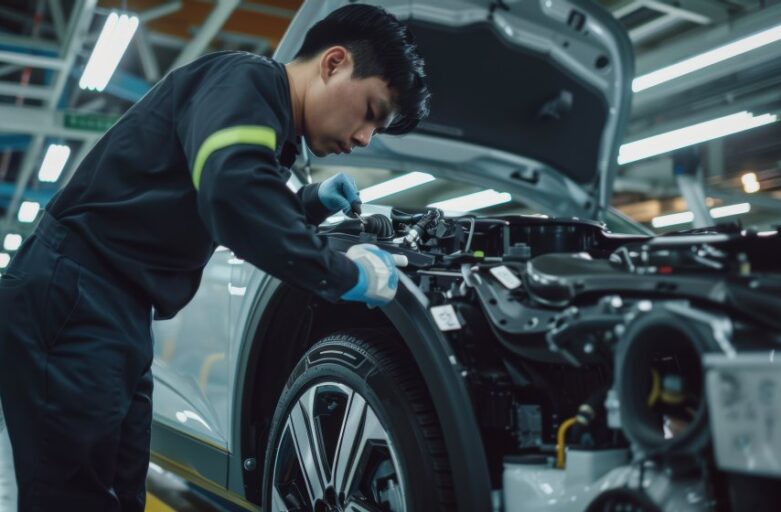 A factory worker inspects and repairs the engine compartment of a car on an automotive assembly line.